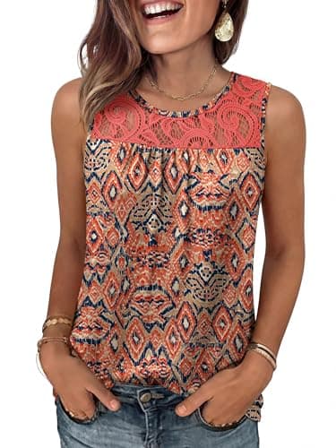 ANRABESS Women Summer Lace Tank Tops 2026 Summer Sleeveless Loose Fit Curved Hem Flowy Shirts Dressy Casual Tunic Blouse Orange Print XX-Large - Image 1
