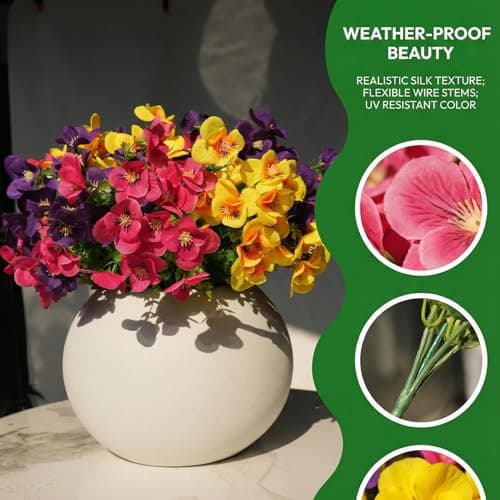 trytuny Artificial Flowers for Outdoor, Realistic Faux Plants for Outside Indoor Porch Patio Window Box Planter Home Decor (12pcs - Yellow Purple Rose red) - Thumbnail 2