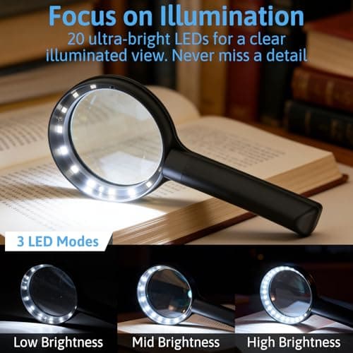 10X Magnifying Glass with Light, Upgraded Large 4.33" Handheld Illuminated Lighted Magnifier with 3 Light Modes for Seniors Reading, Coins, Jewelry, Close Work, Kids Nature Exploration(Black) - Thumbnail 3