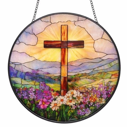 Stained Glass Window Hanging Cross Suncatcher, Christian Decor Round Glass Sun Catcher for Window, Religious Wall Art with Colorful Glass Window Decor Gift for Home, Church (Cross, 7.8'')