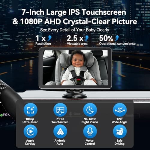 Baby Car Camera with 7" IPS Touchscreen, CarPlay & Android Auto Compatible, 1080P AHD Baby Car Monitor, IR Night Vision,360° Rotation Live Rear-Seat View, Alternative to Rear-Facing Baby Mirrors - Thumbnail 3