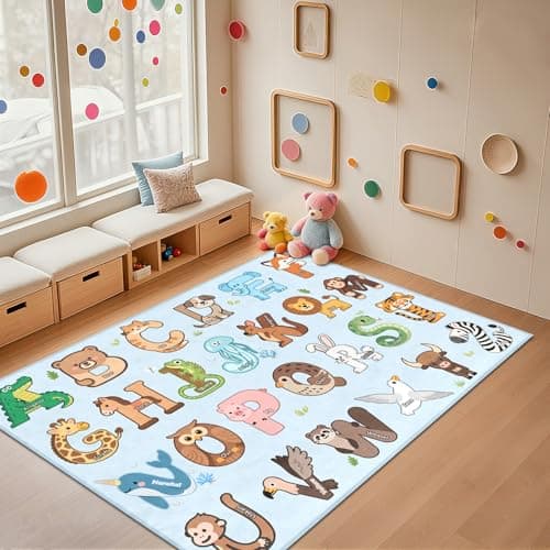 FTBNIQWRHN Kids Rugs for Playroom - 3x5 Feet ABC Alphabet Rug for Kids Room Educaitonal Learning Animal, Preschool Rug for Children Toddler Bedroom Nursery Kindergarten Decor, Blue