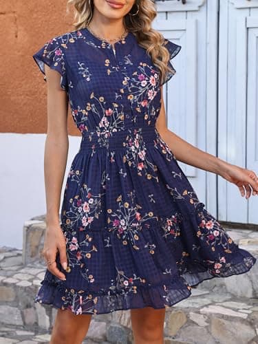 Caracilia Women Summer Casual Floral Flutter Short Sleeve A-Line Flowy Lined Boho Wedding Guest Tea Party Vacation Dresses Floral Navy Blue Large - Thumbnail 3