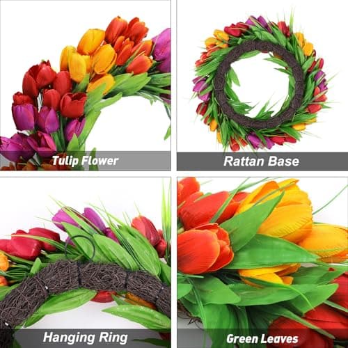 U'Artlines 24 Inch Tulip Wreath for Front Door, Spring Summer Silk Wreath with Green Leaves Artificial Tulip Flower Wreaths for All Seasons Window Wall Wedding Valentines Day Decor - Thumbnail 4