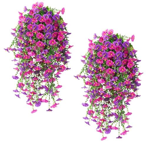 Fanfantoey Artificial Hanging Flowers for Outdoors, 2Pcs UV Resistant Fake Flowers, Realistic Faux Petunias Silk Long Vines Morning Glory Eucalyptus for Outside Planter Porch Patio Home Decor, Mix - Image 1
