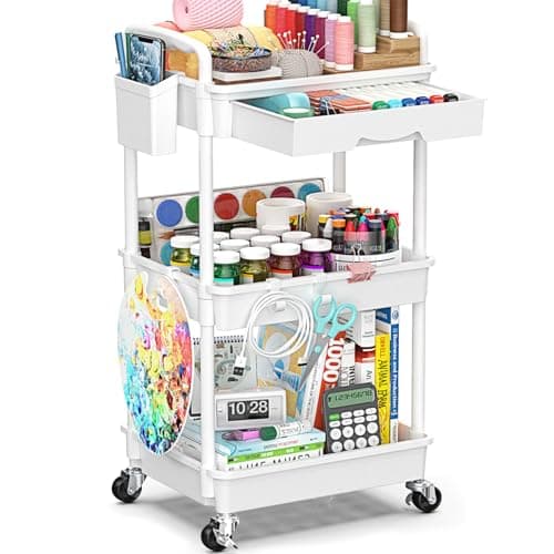 SUNALLY 3 Tier Rolling Cart with Drawer, Bathroom Storage Organizer with 2 Lockable Wheels, Multifunctional Rolling Storage Cart for Bathroom, Kitchen, Office, Craft, Makeup, Baby Essentials, White