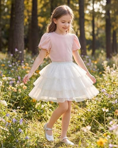 Stelle Layered Tulle Skirt for Girls Ruffle Flowy Christmas Tutu Birthday Party Princess Skirt(White,6-7Y) - Thumbnail 4
