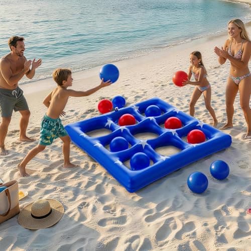 Pool Party Toys Games Set - Giant Inflatable Tic Tac Toe Float Game, Outdoor Pool Games for Adults Kids Family Pool Toys for 2-10 Players, Fun Swimming Beach Yard Activities with 10 Balls for Ages 6+ - Thumbnail 6