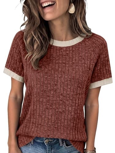 ANRABESS Womens Tops Summer Short Sleeve Shirts Dressy Casual Color Block Work Blouse 2026 Spring Trendy Lightweight Sweater Rust Small - Image 1