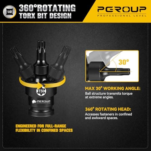 Pgroup 8PCS 1/2" Drive Universal Swivel Impact Torx Socket Set, T30-T70, CR-MO Wobble Star Sockets With Hanging Bracket for Dead Angles, Auto Repair, Mechanical Maintenance - Thumbnail 3