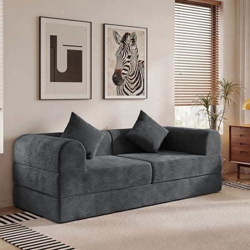 ceamorfco 74.8" Boneless Couch for Living Room, Modular Sectional Sofa Bed with High Back Support & Wide Armrests, Comfy Corduroy Floor Sofa with 2 Pillows, Gray Loveseat Sleeper for Small Spaces - Image 1
