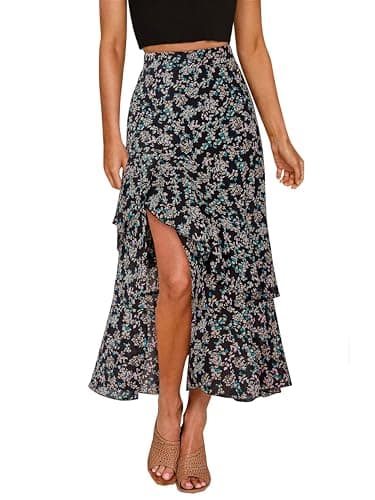 BTFBM Women 2026 Spring Summer Long Skirts Dress Boho Floral Elastic Waist Split Ruffle High Low Beach Maxi Skirt Clothes(Print Floral Black, Small) - Image 1