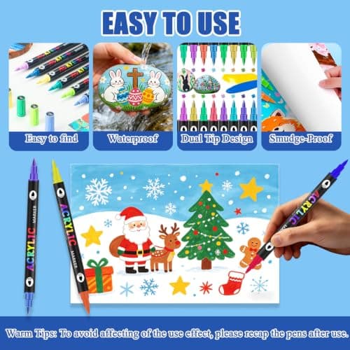 Daimanelton 120 Colors Acrylic Paint Markers, 60 Pack Dual Tip Acrylic Paint Pens, Soft Brush Tip Acrylic Paint Markers for Canvas Stone, Rock Painting, Paper, Glass, Wood, Egg - Thumbnail 3