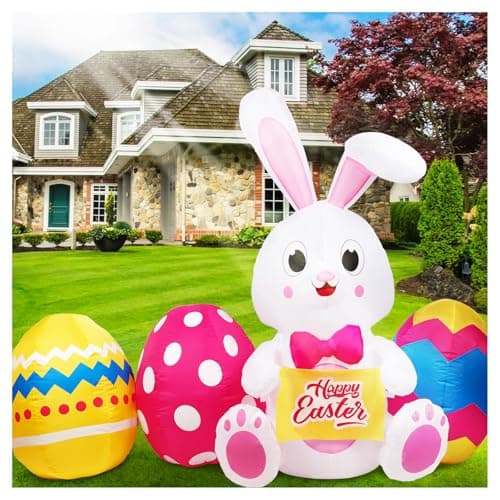 GUDELAK 6FT Easter Inflatables Outdoor Decorations, Inflatable Bunny and Colorful Eggs Build-in 5 LEDs, Happy Easter Blow Up Yard Decorations for Home Holiday Party Outdoor Lawn Garden