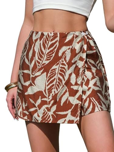 EXLURA Womens Summer Wrap Short Skirt Tropical Faux Linen Boho Mini Skirts Button Side High Waist Skort Beach Vacation Resort - Image 1