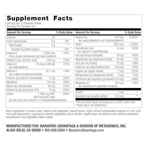 Bariatric Advantage Chewable Multi RP Multivitamin - for Bariatric Surgery Patients - with Iron, Copper, Vitamin C, A, Zinc & More - 100% DV of 18 Nutrients - Mixed Fruit - 60 Count - Thumbnail 4