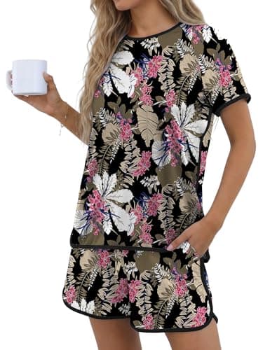 PrinStory Womens Pajama Set 2 Piece Lounge Sets Soft Pajamas Lightweight Pjs with Pockets Big Leaf Pink-3XL - Thumbnail 2