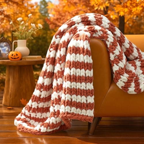 Amélie Home Chunky Knit Throw Blanket for Couch, Soft Chenille Crochet Blanket for Sofa, 50"x60", Burnt Orange & White Striped - Image 1
