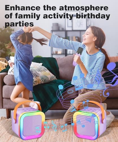 Mini Karaoke Machine Speaker for Kids Adults,Portable Bluetooth with 1-2 Wireless Microphones,Christmas Birthday Gifts Toys Girls Boys Ages 4, 5, 6,7, 8,9,10,11,12+ Years Old Toddler (Purple - 2 Mic) - Thumbnail 6