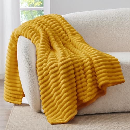 BEDELITE Fleece Throw Blanket for Couch - 300GSM Soft & Warm Fluffy Mustard Yellow Blanket, Decorative and Giftable Striped Blankets for Women, Men, 50"x60" - Image 1