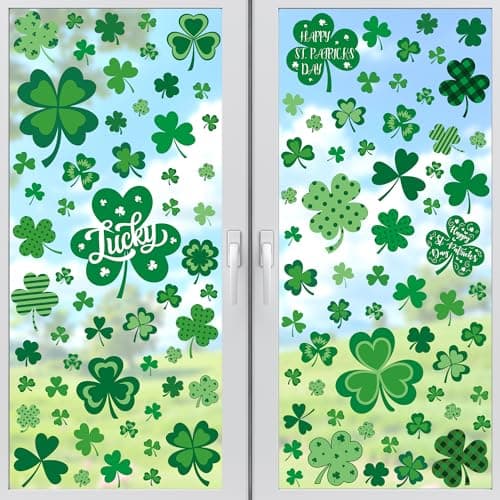 120 PCS St Patricks Day Decorations, 4 Sheets St Patricks Day Window Clings with Polka Dots Stripes Plaid Patterns, Double-Sided Green Party Decorations, Shamrock Window Clings for Home Decor - Image 1