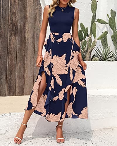 BTFBM Women Casual Sleeveless Summer Dresses 2025 Spring Crewneck Patchwork Boho Floral Ruffle Cocktail Party Midi Dress(Pink Floral Navy, X-Large) - Thumbnail 3