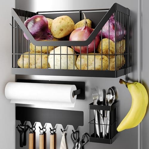 Nieifi Onion Potato Storage, Magnetic Fridge Organizer 4 Pack - Fruit & Vegetable Storage Magnet Fridge Shelf with Utensils Racks, Paper Towel Holder for Kitchen, Laundry Room - Image 1