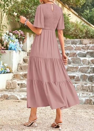 KIRUNDO Valentines Dress for Women Casual Summer 2026 Flutter Short Sleeve Midi Smocked Modest Cute A Line Flowy Dresses(Small, Pink) - Thumbnail 2