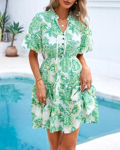 BTFBM Women Summer Floral Short Dresses V Neck Short Sleeve Tiered Ruffle Boho Swing Dress A-Line Mini Dresses(Floral White Green,Large) - Thumbnail 4