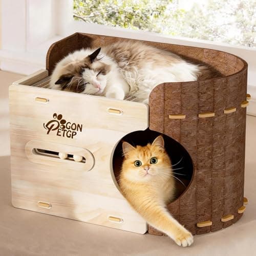GONPETGP Cat Beds for Indoor Cats, Cat House Cave with Wooden Play Ball Scratch Pad, Detachable Felt Cat Condo Hideaway for Multiple Small Pets and Kittens - Image 1