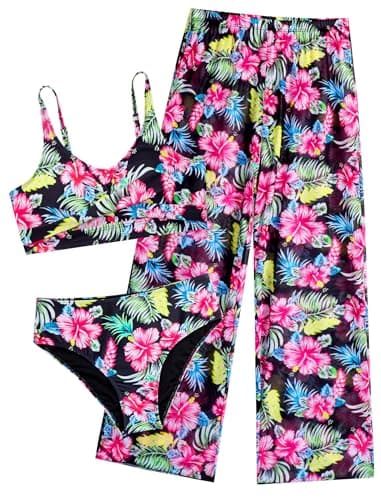 Seanrui Girls Swimsuits Size 10-12 Bikini Swimwear for Teens Kids Little Girls Bathing Suit with Swim Shorts Black Flower - Image 1