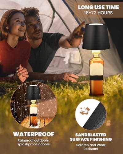 JCHPZR 2 Pack Cordless Table Lamp,Wireless Bottle Lamp,3 Level Dimming LED Portable Desk lamp,5000mAh Rechargeable Battery,One-Touch Power Off,Waterproof Outdoor,for Bedroom/Bars/Camping(Black) - Thumbnail 4