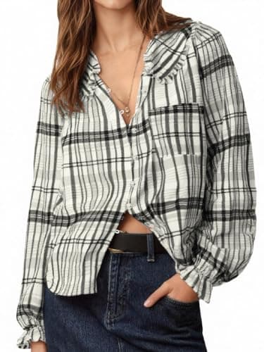 Tankaneo Womens Peter Pan Collar Button Down Shirts Long Sleeve Plaid Blouse Dressy Casual Fall Tops Black White - Image 1