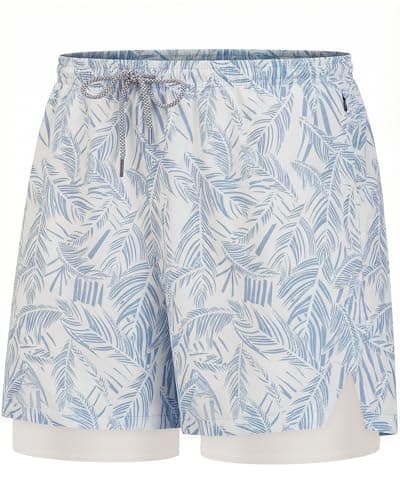 Y YERFONE Mens Swim Trunks 5 Inch with Compression Liner, Quick Dry Board Shorts Men Bathing Suits for Beach with Pockets White Leaf - Image 1