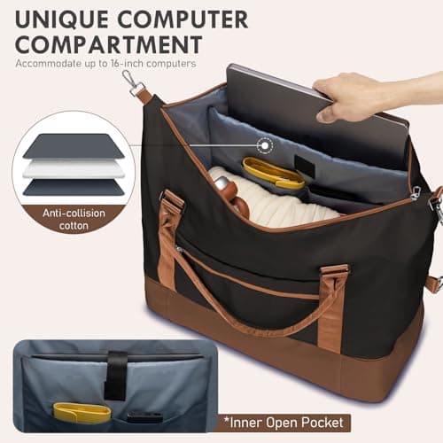 WOOMADA Weekender Overnight Bag for Women, Carry on Shoulder Travel Duffel with Shoes Compartment,Gym Bag with Toiletry Bag(black&coffee&brown) - Thumbnail 3