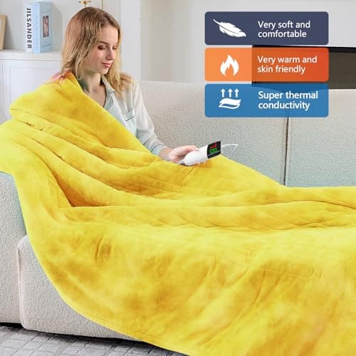 greenoak Heated Electric Blanket Throw, Faux Fur Sherpa Heating Blanket for Sofa Bed, Warm Winter Gifts for Women/Adults, Heater Lap Blankets 5-Position Timer &10 Heating Levels 50''*60" Lemon - Thumbnail 6
