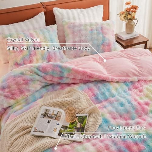 EMME Faux Fur Duvet Cover Queen Size, 3 Pieces Ultra Soft Fluffy Comforter Cover, Cozy Warm for Winter, Luxury Elegant Shaggy Bubble Design Bedding, 1 Duvet Cover & 2 Pillow Shams (Queen, Rainbow) - Thumbnail 2