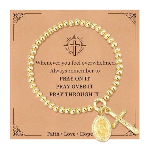 Goxygen Cross Virgin Mary Beaded Bracelet -14K Gold Plated Copper Stretch Bracelet, Dainty Elastic Bead Chain Gift for Her, Religious Jewelry for Baptism Confirmation Catholic(Faith·Love·Hope-Gold)