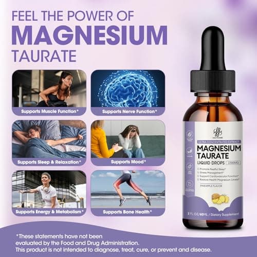 Magnesium Taurate Liquid Drop for Muscle Function, Nerve and Heart Health Support, High Absorption Magnesium Supplement with B6, CoQ10, Vegan, Non-GMO, Gluten/Sugar Free Pineapple Flavor, 2 Fl Oz - Thumbnail 3
