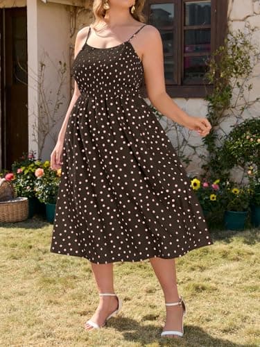 Beautife Women's Plus Size Midi Dress Summer Polka Dot Square Neck Long Dresses Spaghetti Strap Smocked Beach Sundress - Thumbnail 3