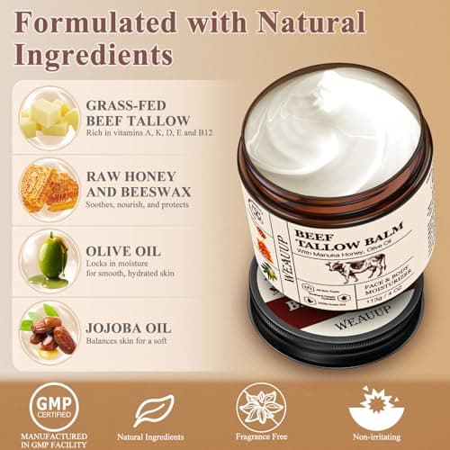 WEAUUP Beef Tallow for Skin, Organic Grass Fed Whipped Beef Tallow Balm, Tallow and Honey Balm with Raw Honey and Beeswax, Nourishing Moisturizer for Face & Body Natural Skin Care for Soft - Thumbnail 2
