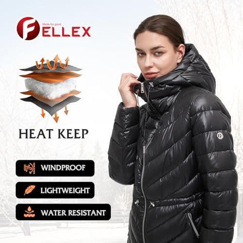 BINACL Women's Fashion Hoodie Thickened Black Jacket, Down Alternative Parka Stylish Shiny Puffer Jacket Women Glossy Cotton Padding Outwear Climbing Long Sleeve Jacket Winter Warm Long Coat(Black L) - Thumbnail 5