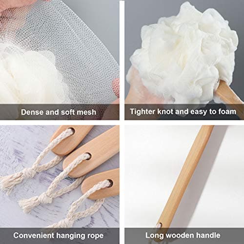 RASDDER White Loofah with Handle - Back Scrubber for Shower, Exfoliating Body Sponge with Soft PE Mesh and Wood Stick, Clean Look Bath Accessory for Men and Women - Thumbnail 5
