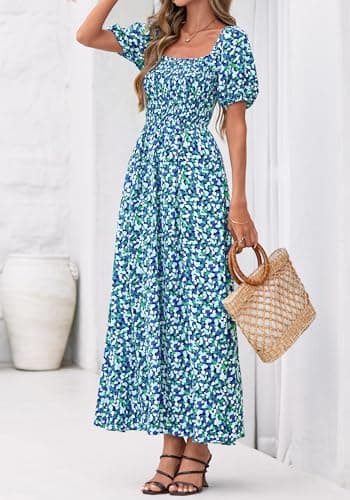 BTFBM Womens Spring Summer Dresses 2026 Square Neck Puff Short Sleeve Smocked Floral Boho Beach Wedding Guest Maxi Dress(Floral Blue Green, Large) - Thumbnail 6