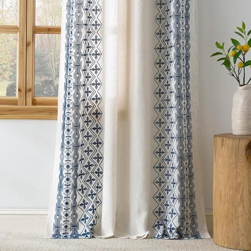 NICETOWN Heavy Duty Cream Linen Curtains 96 inch Long, Navy Blue Geometric & Floral Patterned Embroidered Drapes for Living Room, Decorative Panels for Nursery Bronze Grommet, W52 x L96, Set of 2