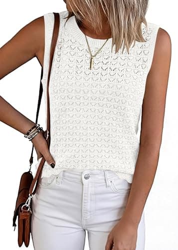 KIRUNDO Sweater Vest Women Crochet Tank Tops 2026 Spring Summer Sleeveless Knit Pullover Beach Cover Up Vacation Outfits (White, XX-Large) - Image 1