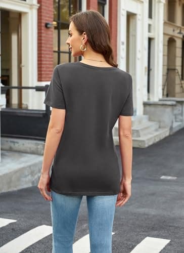 Herou Round Neck T Shirts Women Ladies Short Sleeve Cute Summer Tops Side Split Tile Grey Medium - Thumbnail 5