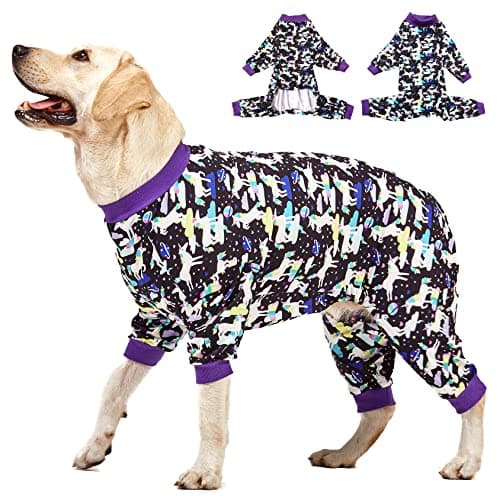 LovinPet Large Breed Dog Clothes, Wound Care/Post Surgery Recovery Shirt for Large Dogs, Unicorns in Space Black Print, UV Protection, Pet Anxiety Relief, Stop Shedding for Dogs, Pet PJ's, 2XL