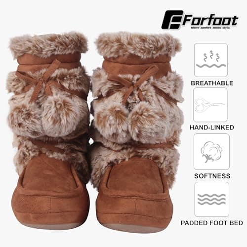 Forfoot House Slippers, Indoor Faux Fur Boots Slippers Warm Fleece Lining Moccasins Women Soft Sole Lace Pom Poms Home Shoes Size 11/12 - Thumbnail 4