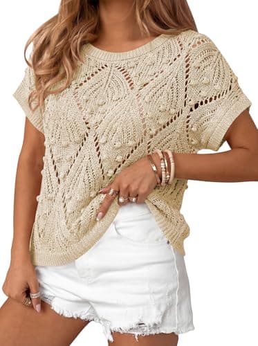 Cakulo Womens Summer Short Sleeve Crochet Sweater Casual Boho Crop Tops 2026 Beach Vacation Cruise Outfits Apricot S - Image 1